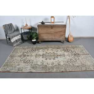 Alfombra turca de área grande Vintage, diseño clásico de retales Beige verde, 4 pies, 11 pulgadas x 8 pies, 2 pulgadas, látex de lana rectangular para pasillos - Product Image 1