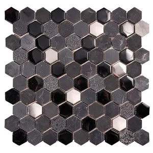 Mosaïque moderne noire hexagonale Carrelage métallique en pierre de verre pour dosseret de cuisine ou de salle de bain - Product Image 1