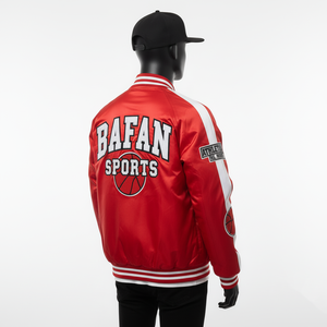 Blouson d'aviateur en satin de luxe 220GSM rouge blanc panneau contrasté broderie personnalisée et conception de logo en chenille veste en satin pour homme - Product Image 5