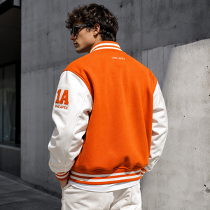 ONEAPEX Custom Orange Hooded Varsity/Letterman <b>Jacket</b> Premium Wool <b>Leather</b> Sleeves Breathable Winter OEM ODM Private Label - Product Image 4