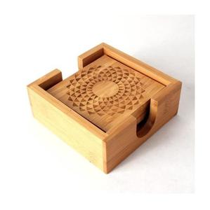 Custom Engraved Design Acacia Wood Table <b>Coaster</b> <b>Set</b> <b>with</b> <b>Holder</b> Wholesale Exporter Worldwide - Product Image 1