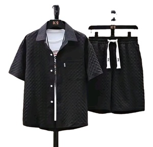 Ensemble chemise et short décontracté d'été pour homme, uni, avec boutons et poches, vêtements de sport pour homme, tissage - Product Image 2