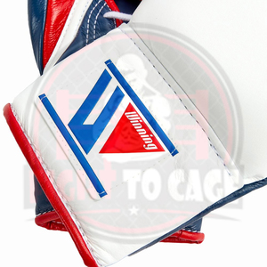 ถุงมือชกมวยแบบเต็มนิ้ว ทนทาน ดูดซับเหงื่อ ผลิตตามแบบ OEM สีขาวน้ำเงิน หนัง PU พิมพ์โลโก้ตามสั่ง - Product Image 3