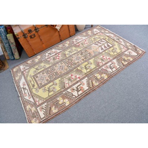 Turkish Vintage Rug, 3.8x6.1 ft Accent Rug, Brown <b>Yellow</b> Polka dot Rug - Product Image 2