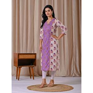 Robe droite en coton européen gris et violet imprimée au bloc, coupe ajustée - Product Image 5