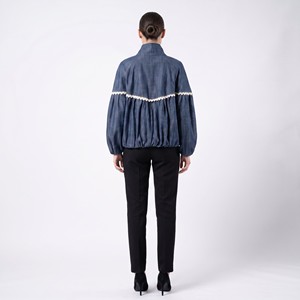 Oversized Denim Jacket with High Collar, <b>Lace</b>, Puffed <b>Sleeves</b>, and Pockets—One Size Fits Sizes 38–44 - Product Image 2