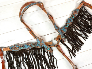 EquiElite Exports - Conjunto de arreos de cuero repujado floral en azul verdoso y marrón, con flecos de gamuza marrón, cabezada y pechera estilo western para espectáculos ecuestres - Product Image 5