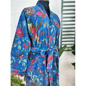 Robe de luxe unisexe, bleu floral, velours Malibu bleuâtre, veste kimono réversible doublée de soie, douce, cadeau automne-hiver - Product Image 6