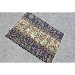 Classique Bleu Beige 2.3x3.1ft À La Main Tapis Turc Rectangulaire Patchwork Conception Laine Polyester Matériel Latex pour Chambre Salon - Product Image 4