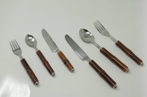 Bamboo <b>style</b> 5-piece cutlery set with polished stainless steel <b>heads</b> and handcrafted bamboo wood handles for eco-luxe table - Product Image 2