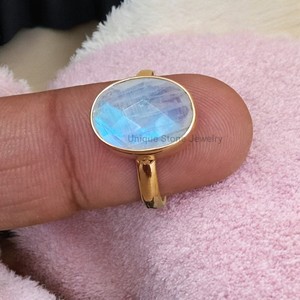 925 Sterling Silver Women's Fine <b>Ring</b> Handmade Gold Plated Bezel Setting Natural Blue Fire Moonstone Statement Gemstone Jewelry - Product Image 1