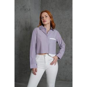เสื้อเชิ้ตแขนยาวลายทางสีม่วงสำหรับผู้หญิง ยี่ห้อ Lustrin ผลิตจากผ้าฝ้ายผสมโพลีเอสเตอร์ มีกระเป๋า เหมาะสำหรับธุรกิจขายส่ง - Product Image 1