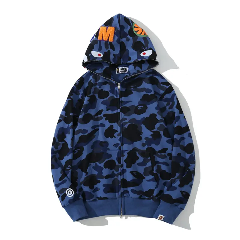 Custom Wholesale High Quality Oversized Camouflage Hoodies Chenille Patch Men Camo Bape Full Zip Up Hoodies