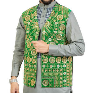 Chaleco Vintage verde hecho a mano para hombre, bordado dorado y trabajo Cherma en tela de lona, ropa exterior para hombre - Product Image 4