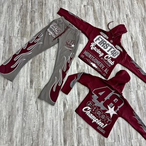 Custom Men Heavy Fleece Cropped High Quality Screen Puff Print Flare Sweatpants and Hoodie Sets Vintage - Product Image 2