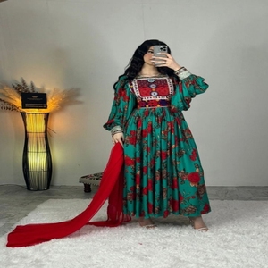 <b>Green</b> <b>Lace</b> Women Handmade Afghan KUCHI Flower Print Dresses Natural Eco-Friendly Low MOQ 20 Wholesale Price 2025 New Arrival - Product Image 6