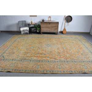 Tapis turc de grande surface classique bleu orange 9.5 X 12.8ft motif abstrait support en laine et latex pour salon - Product Image 1