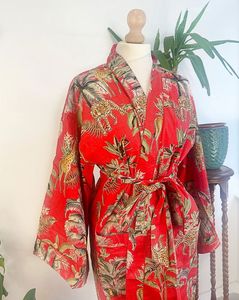 Bata de verano con estampado de algodón puro indio, diseño de jirafa de jungla de leopardo rojo real, vestido Kimono de maternidad cómodo hasta el suelo - Product Image 2