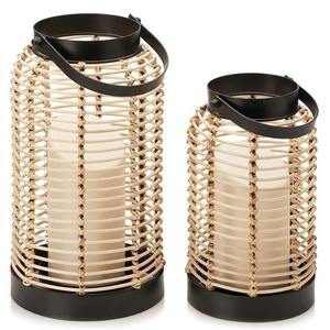 Lot de 2 lanternes bougeoirs d'extérieur en rotin et métal gris - Product Image 1