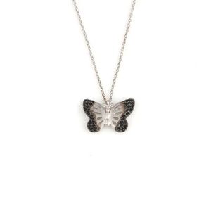 Collier papillon en argent sterling 925 avec incrustation de pierres noires et blanches serties clos - Product Image 1
