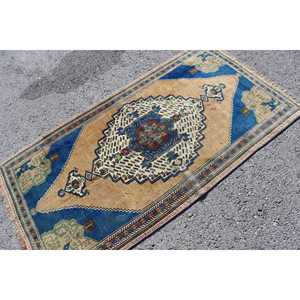 Tapis turc vintage à accents décoratifs 3,2x5,9 pieds, tapis en laine bleu marron à motifs floraux - Product Image 2