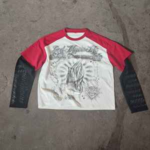 Meilleure vente Logo personnalisé Streetwear DTG imprimé graphique Vintage High Street tricoté gaufré Double couche T-shirt à manches longues - Product Image 3