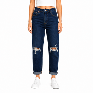 Vaqueros de mezclilla rasgados para mujer, de color liso, de cintura alta, estilo boyfriend, con rodillas rasgadas, pantalones desgastados, a la moda, casuales, de ajuste holgado. - Product Image 1