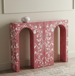 Mesa de consola con incrustaciones de hueso amarillo con un diseño arqueado y un intrincado patrón de rayos de sol, disponible a precios de mayorista. - Product Image 2