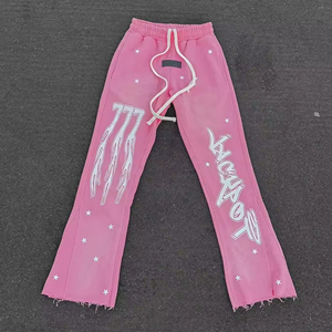 Custom Black Acid Washed Full Zip up Vintage Distressed EmbroideryStone Washed <b>Flared</b> Sweatpants and Hoodie Set - Product Image 3