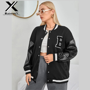 Chaqueta Varsity Acolchada Personalizable para Mujer, Tallas Grandes, 100% Lana, Mangas de Cuero, Resistente al Viento, Relleno de Algodón Teñido Liso - Product Image 2
