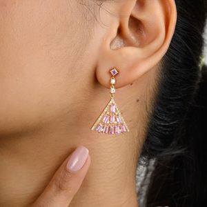 Design unique meilleur prix 18 carats or jaune véritable saphir rose naturel et diamant pyramide boucles d'oreilles bijoux de luxe femme - Product Image 2