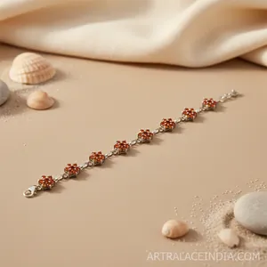 Bracelet en argent pour femme avec perles florales, pierres précieuses oranges, motif croix religieuse, diamants et perles - Product Image 3