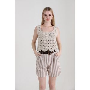 TOPSHOW Women's Stone Striped <b>Linen</b> Belted Shorts for Summer Casual Wear, Available in S-XL Sizes - Product Image 2