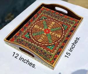 Plateau de service en bois peint à la main d'art traditionnel de Swat, plateaux de service décoratifs en bois faits à la main et peints à la main - Product Image 2