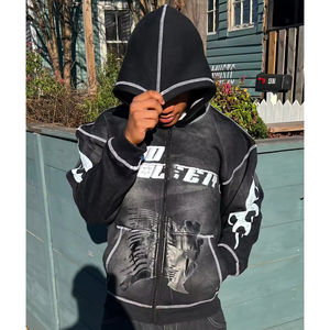 Sun Faded Acid Wash Zip Up Hoodie Mens 500GSM Heavyweight Streetwear avec sérigraphie et couture à l'aiguille - Product Image 6