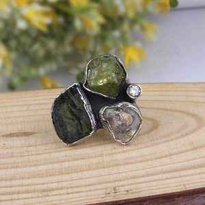 Raw Moldavite Herkimer Diamond <b>Ring</b> Sterling Silver Statement Stone <b>Ring</b> for Her - Product Image 5
