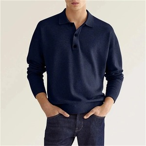 Polo de manga larga con cuello en V y botones de Color sólido transpirable relajado para oficina de negocios de nuevo estilo de primavera y otoño - Product Image 4