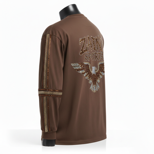 T-shirt à manches longues en coton de haute qualité, marron chocolat, avec strass en cristal, transfert thermique, logo personnalisé, pour hommes - Product Image 5