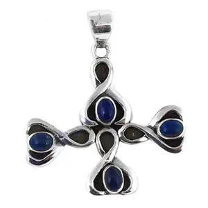 "Handmade Rhodium-Plated 925 <b>Silver</b> Lapis Lazuli Religious <b>Cross</b> Charm <b>Pendant</b> for Women" - Product Image 1