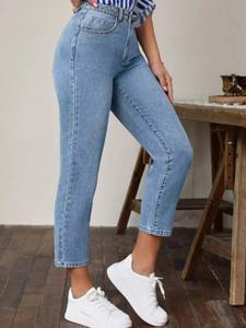 Pantalon droit respirant élégant personnalisé 2025 Pantalon en denim délavé décontracté Pantalon en denim 100% coton biologique de qualité supérieure pour femmes - Product Image 2