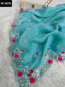 Ropa étnica india, tela de seda crujiente pura de lujo, trabajo de bordado de varios hilos con borde de corte de arco, Sari con blusa de seda - Product Image 2