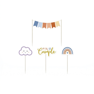 Juego de 4 Adornos de Madera Reutilizables para Pastel de Cumpleaños, Diseño Boho de Nubes y Arcoíris, Decoración Pastel para Mayores de 14 Años - Product Image 1
