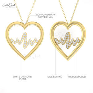 Meilleures ventes Pendentif cœur en or massif 14 carats avec diamant blanc Design battement de cœur Serti pavé 1,5 mm Collier Vente en gros Bijoux fins - Product Image 4