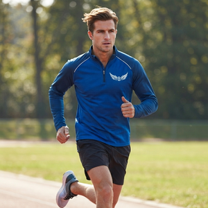 Chemise à manches longues pour homme, bleu, respirante, col zippé, coupe classique, couleur unie, polyester, haut de sport, toutes saisons - Product Image 5