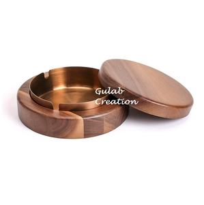 Handcrafted Acacia Wood Cigar <b>Ashtray</b> with Lid and Removable Copper Bowl Rustic Round Smoking Accessory for Home, Lounge,Gifting - Product Image 1