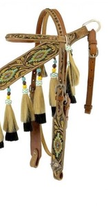 Haute qualité frais arrivée Western selle en cuir véritable équitation équipement de sécurité Handtooled feuille conception perlée Headstall - Product Image 6