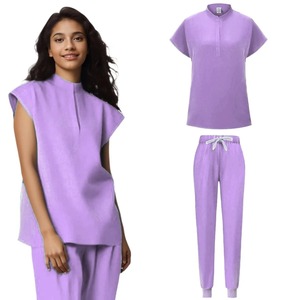 Conjuntos de uniformes, cuello levantado, manga corta, poliéster Spandex, uniforme de enfermera, ropa de trabajo de clínica de Hospital, Top con cuello en V para mujer - Product Image 1