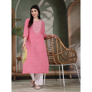 Women's Floral Embroidered Cotton Straight Kurtas Breathable Poplin Women's <b>Tops</b> for <b>Festive</b> Season Size XL - Product Image 1