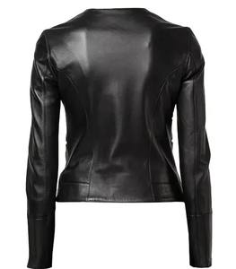 Blouson en cuir noir pour femme, sans col, coupe ajustée, fermeture éclair, blouson bomber respirant, véritable peau d'agneau, doublure en coton, vêtements de moto décontractés - Product Image 2