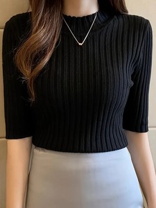 Nueva y elegante Camiseta de manga corta de punto acanalado, camiseta elegante sólida, suéter de poliéster 100% para mujer, ropa de mujer de Bangladesh - Product Image 2